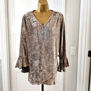 Tan Black Dot Velvet Tunic Womens S Bell Sleeve Cocktail Pleats Crystals Stretch